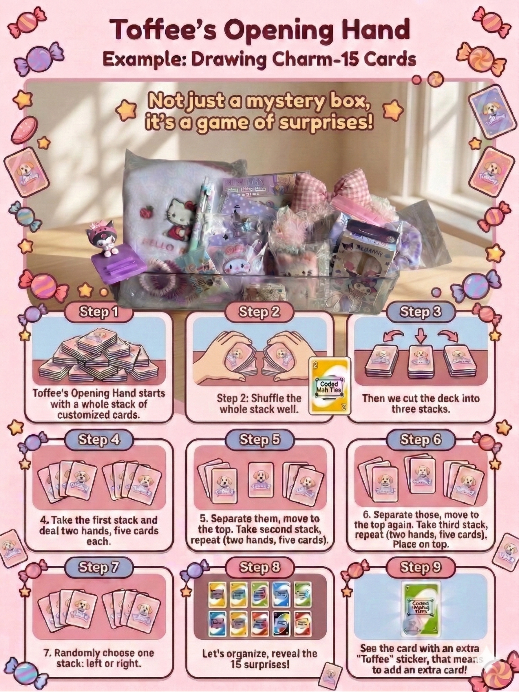 Poster explaining how Toffee’s Opening Hand works – a mystery stationery game where cards are shuffled, dealt into hands, and reveal surprise items with a chance for a bonus Toffee sticker card.