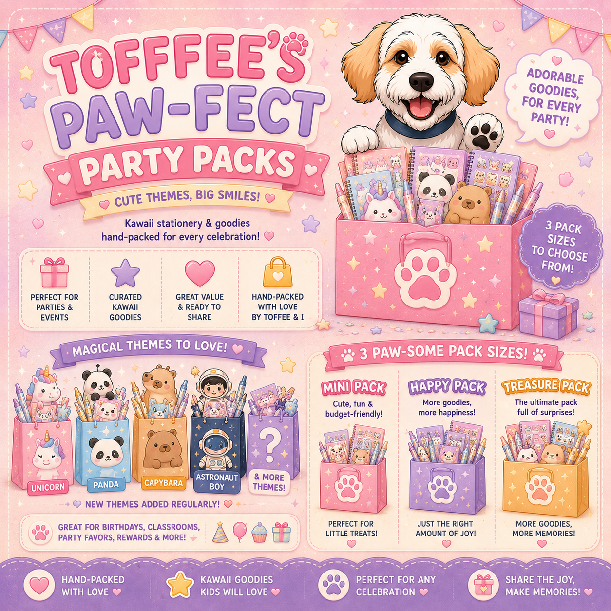 Toffee & I's pre-filled party favors, party packs with dinosaur, unicorn, astronaut, or panda theme