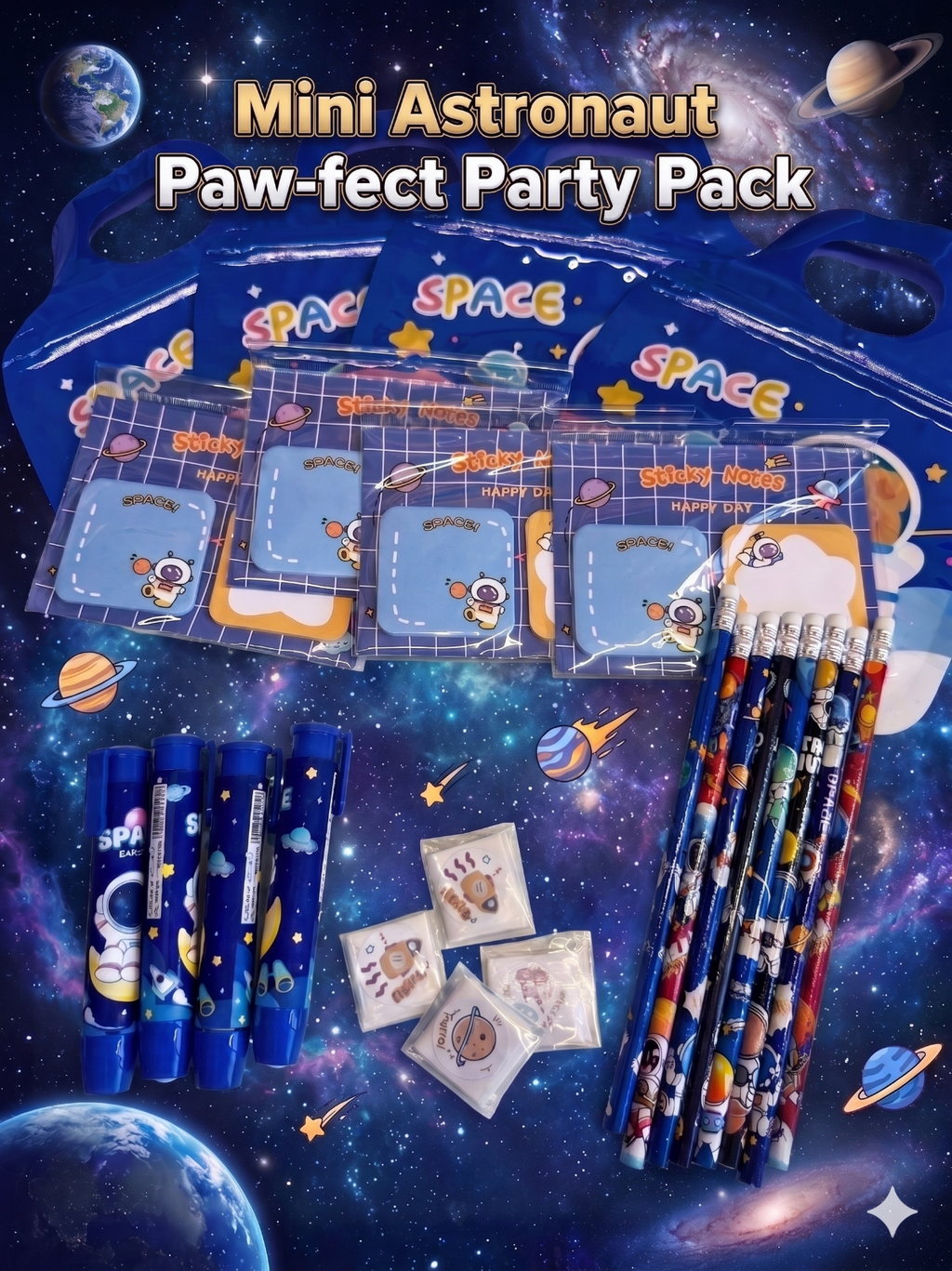 Buy Astronaut Mini Party Pack: essential space stationery such as pencil, push-pen eraser, sticky note pack and 10 mini stamp-stickers.