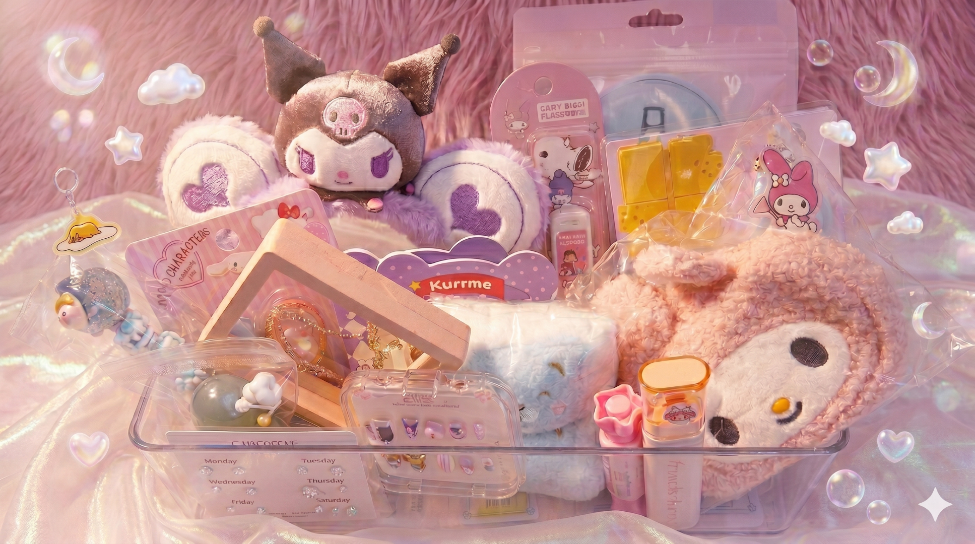 Charm-15 giftbox include 6 pairs of 925S earrings, box of stick-on nails, necklace, beaded pen, correction tapes, wristbands, highlighter, stamps, mini fluffy bag, mechanical pencil, eye mask, headband, mini notebooks...etc