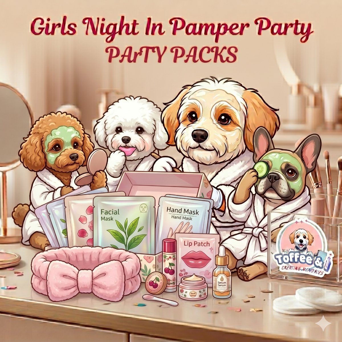 Toffee enjoying spa day friends in a spa setting with facial masks and other beauty care products
