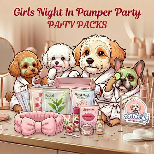 Toffee enjoying spa day friends in a spa setting with facial masks and other beauty care products