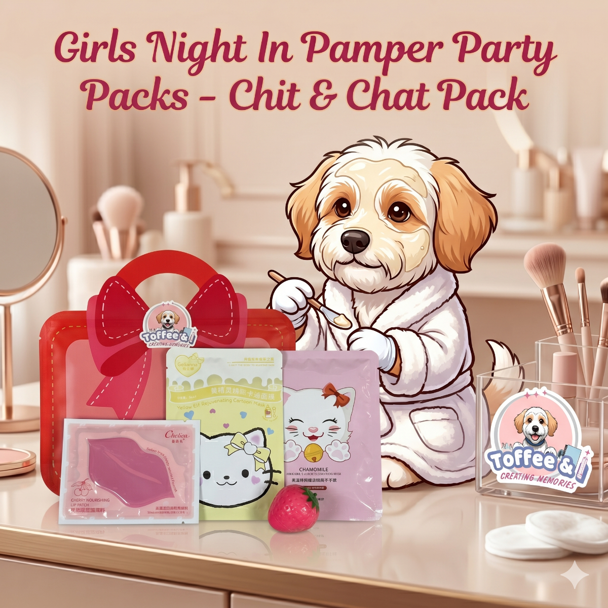 Toffee's Girls' Night In - Chit & Chat Pack including a cute gift bag, a lip mask, a face mask and a lip balm in a comfortable spa setting