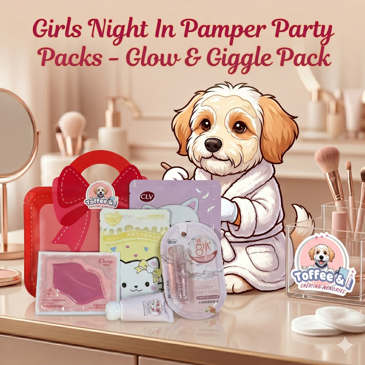 Toffee's Girls' Night In - Glow & Giggle Pack including a cute gift bag, a lip mask, a face mask, a lip oil and a hand cream in a comfortable spa setting