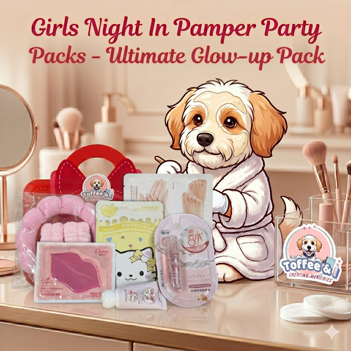 Toffee's Girls' Night In - Ultimate Glow Pack including a cute gift bag, a headband and wristband set, a lip mask, a face mask, a hand mask, a foot mask, a hand cream and a lip oil in a comfortable spa setting