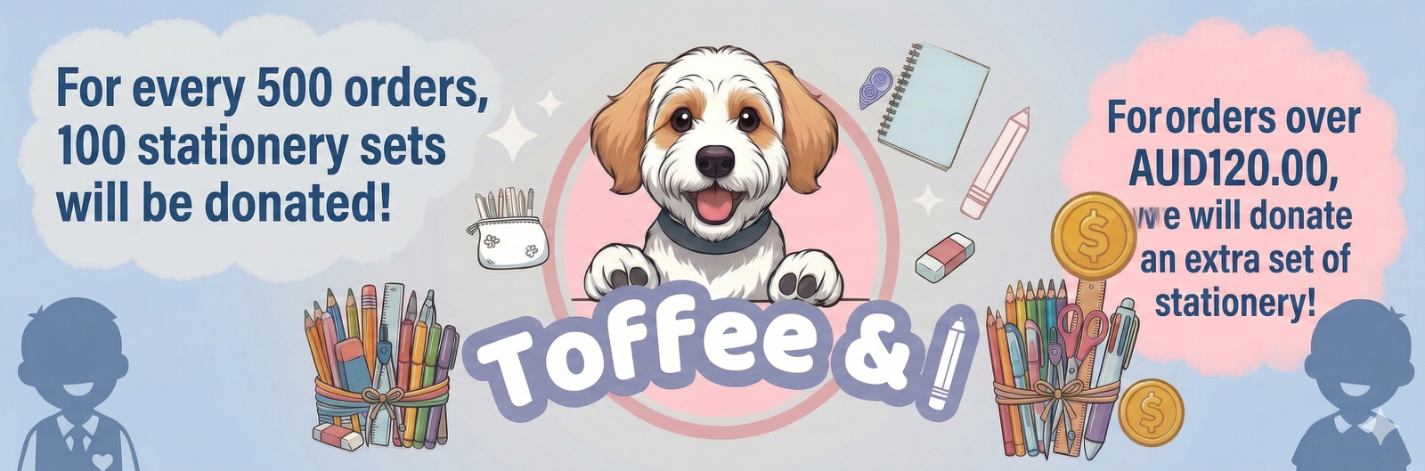 Promotional banner for Toffee & Co with a dog illustration and stationery items on a blue background.