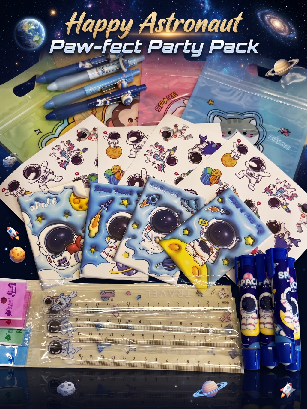 Buy Happy Astronaut Party Pack featuring a mechanical pencil, push-pen eraser, a ruler, mini notebook and a sheet of large space-themed stickers.