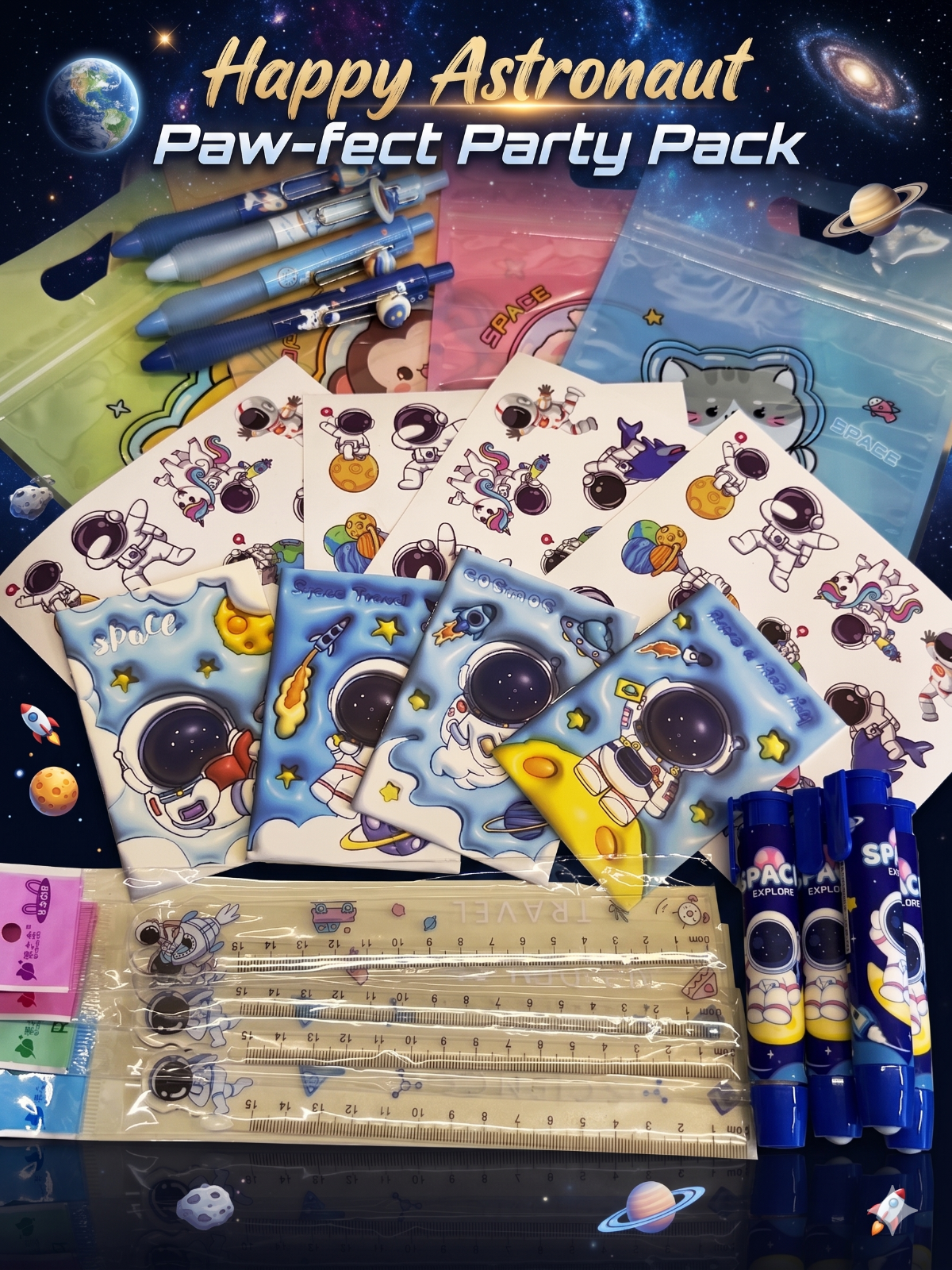 Buy Happy Astronaut Party Pack featuring a mechanical pencil, push-pen eraser, a ruler, mini notebook and a sheet of large space-themed stickers.