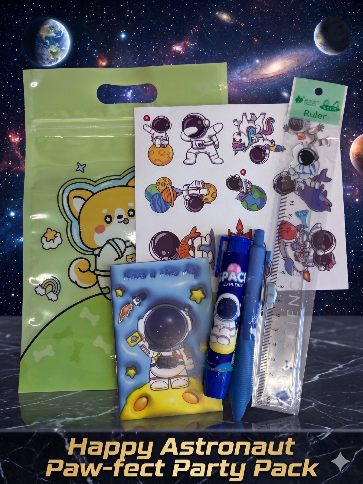 Buy Happy Astronaut Party Pack featuring a mechanical pencil, push-pen eraser, a ruler, mini notebook and a sheet of large space-themed stickers.