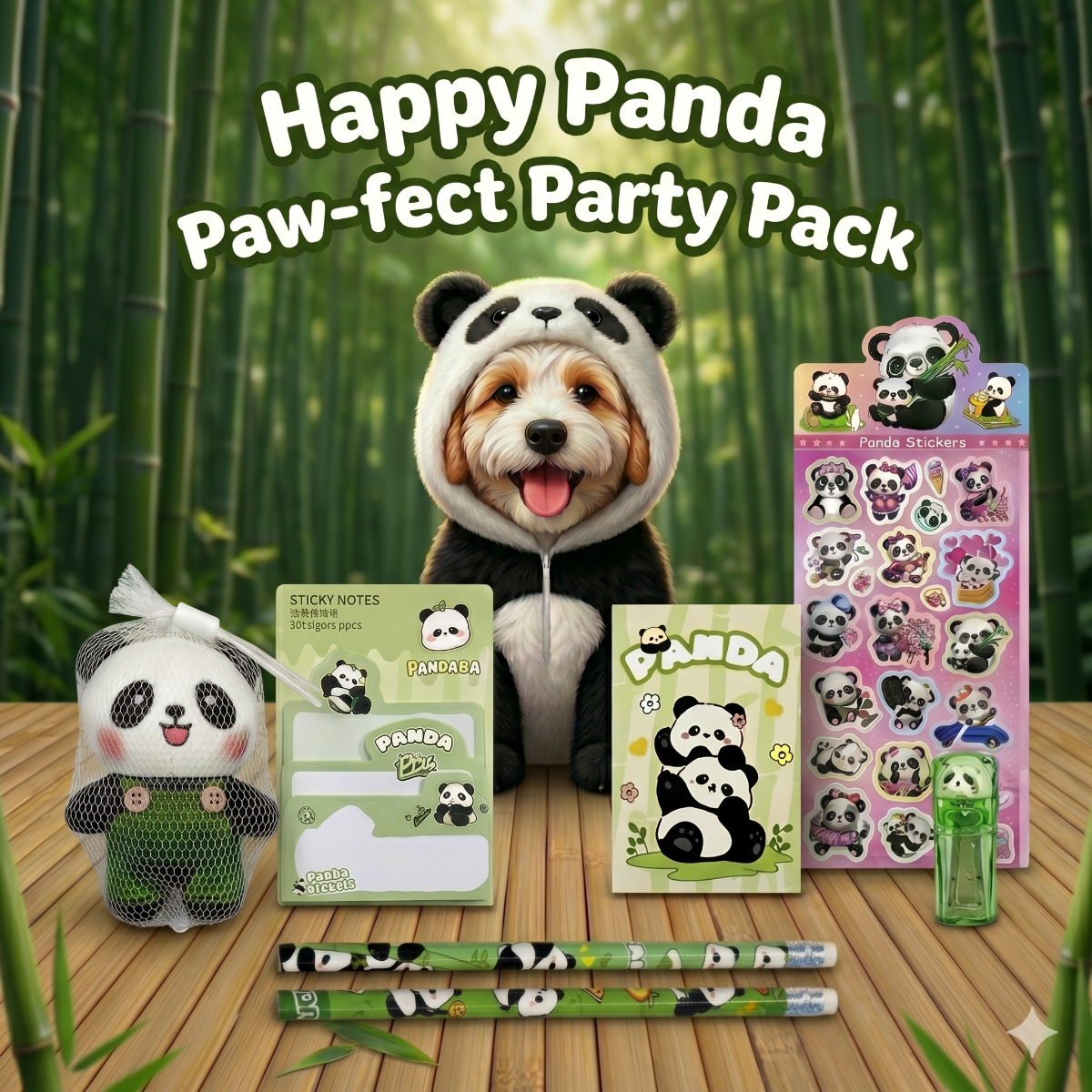 Panda theme stationery bundle laid out with mini pocket notebook, a pack of sticky note, a push pen eraser, a 2x pencil, pencil sharpener and a panda squishy.
