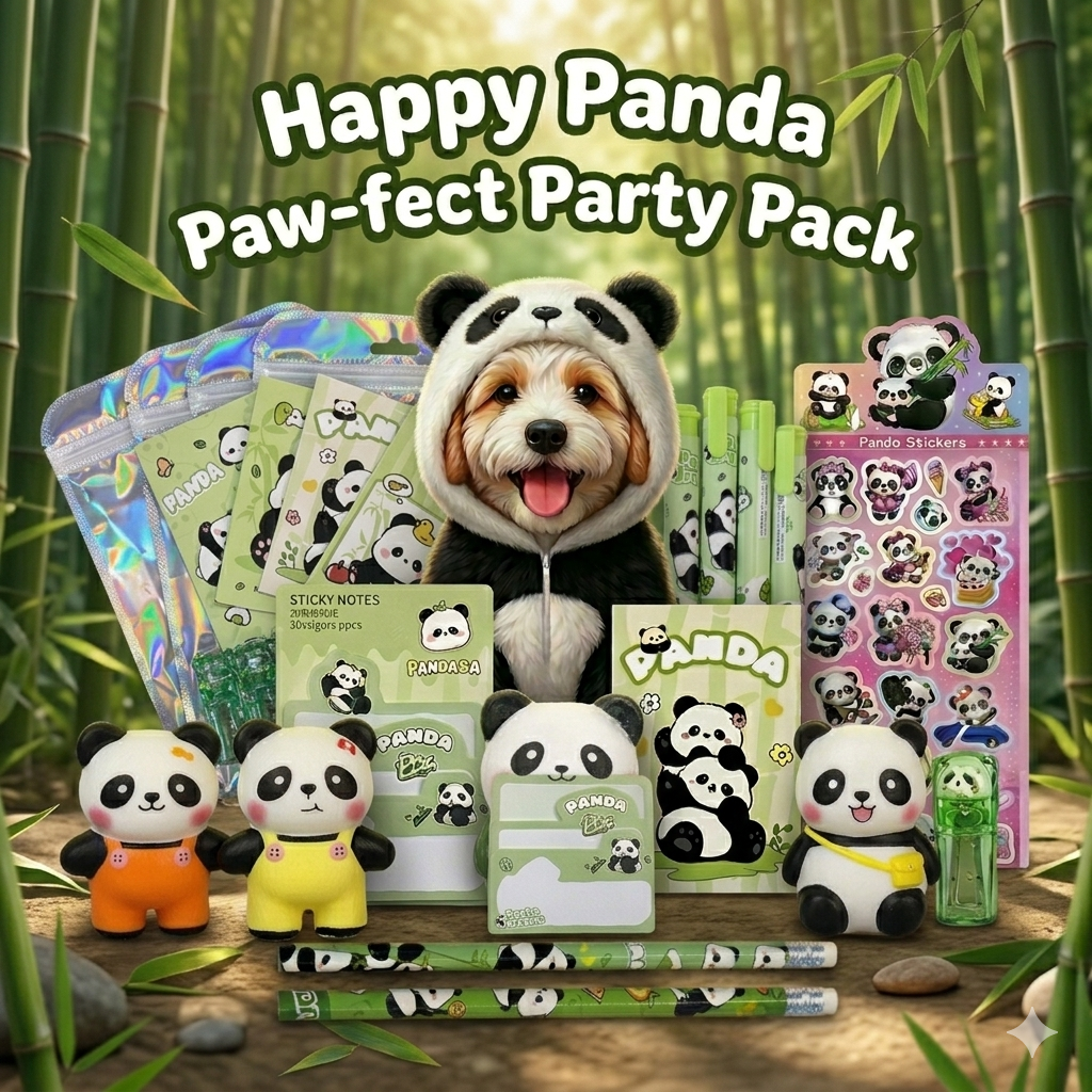 Panda theme stationery bundle laid out with mini pocket notebook, a pack of sticky note, a push pen eraser, 2x pencil, pencil sharpener and a panda squishy.