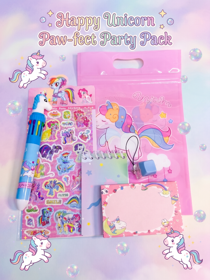 Unicorn themed stationery including small pocket book, multicolor pen, a pack of sticky note, a sticker sheet and a fidget key against magical background