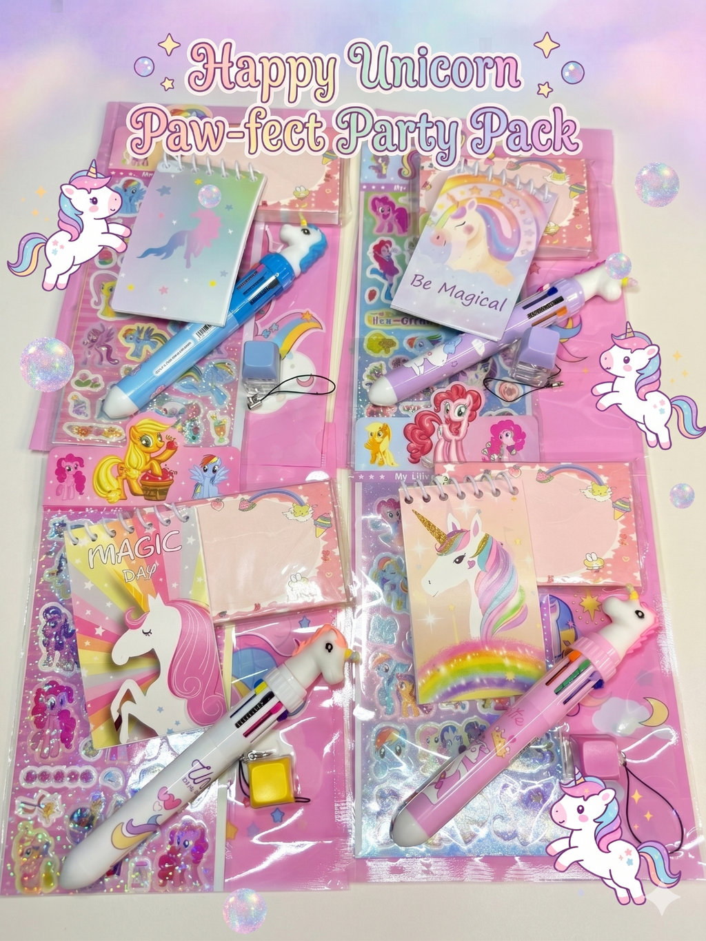 4 Sets of unicorn themed stationery including small pocket book, multicolor pen, a pack of sticky note, a sticker sheet and a fidget key against magical background