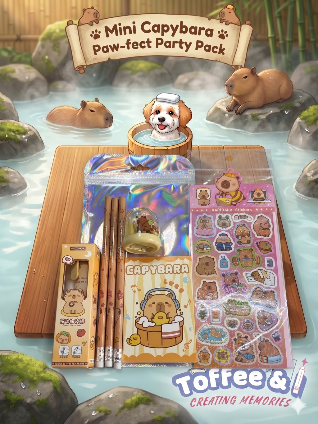 Buy Mini Capybara Party Pack featuring a 2x pencils, 1 push-pen eraser, 1 pencil sharpener, a sticker sheet and a pocket notebook