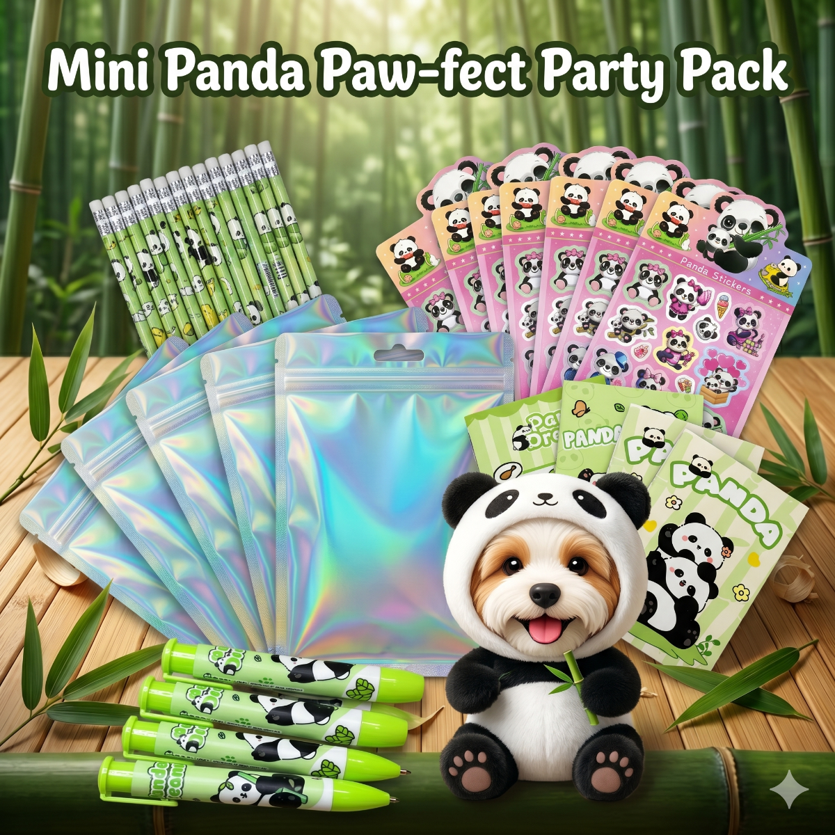 Panda theme stationery bundle laid out on desk with mini pocket notebook, eraser, 2x pencil, pencil sharpener and a sticker sheet.