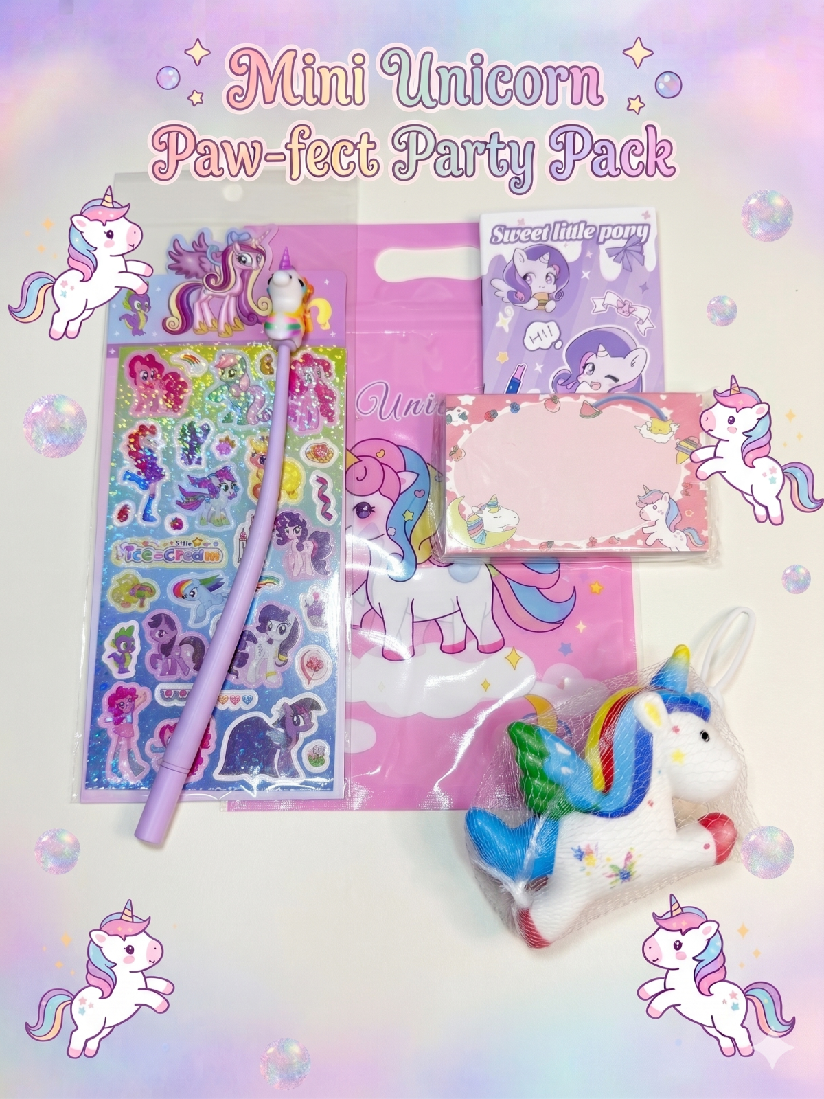 unicorn themed stationery including small pocket book, a wacky unicorn pen, a pack of sticky note, a sticker sheet and a squishy against magical background