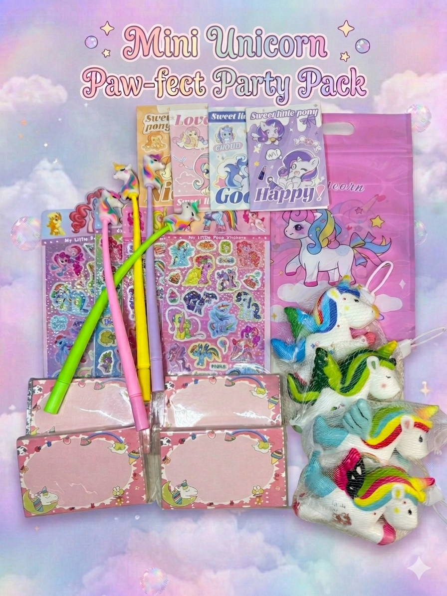 4 Sets of unicorn themed stationery including small pocket book, a wacky unicorn pen, a pack of sticky note, a sticker sheet and a squishy against magical background