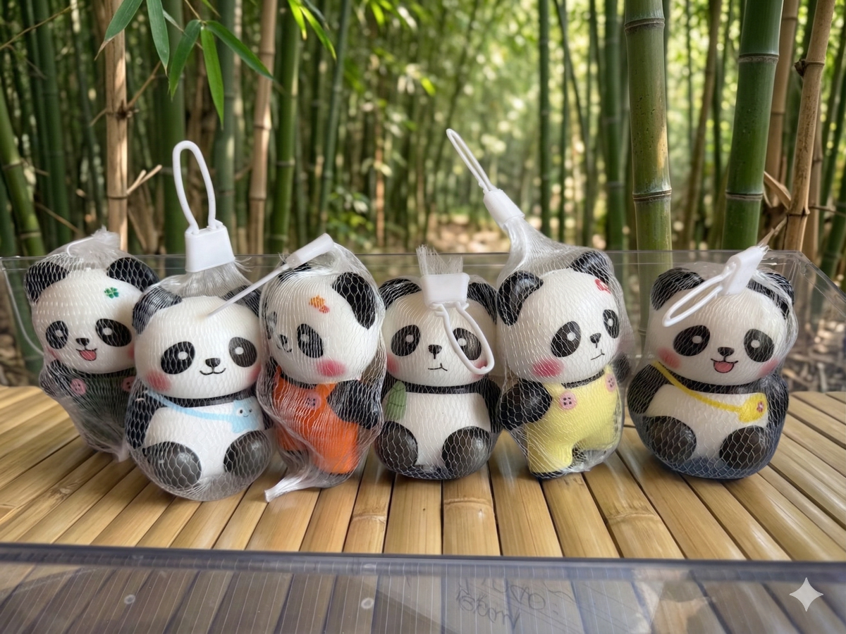 Various design of Panda slow rise squishy with bamboo forest background.