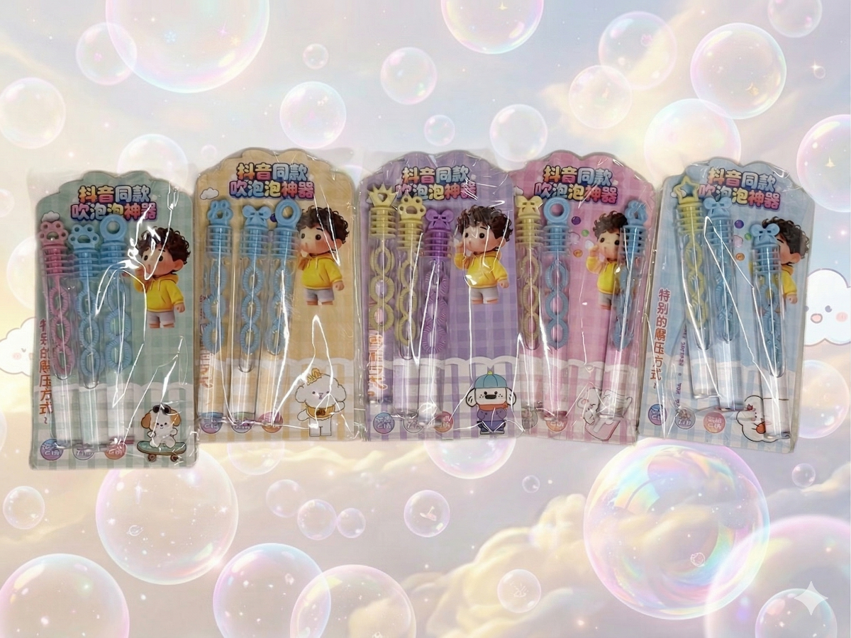 Various packs of bubble wands for party favors against magical bubble background