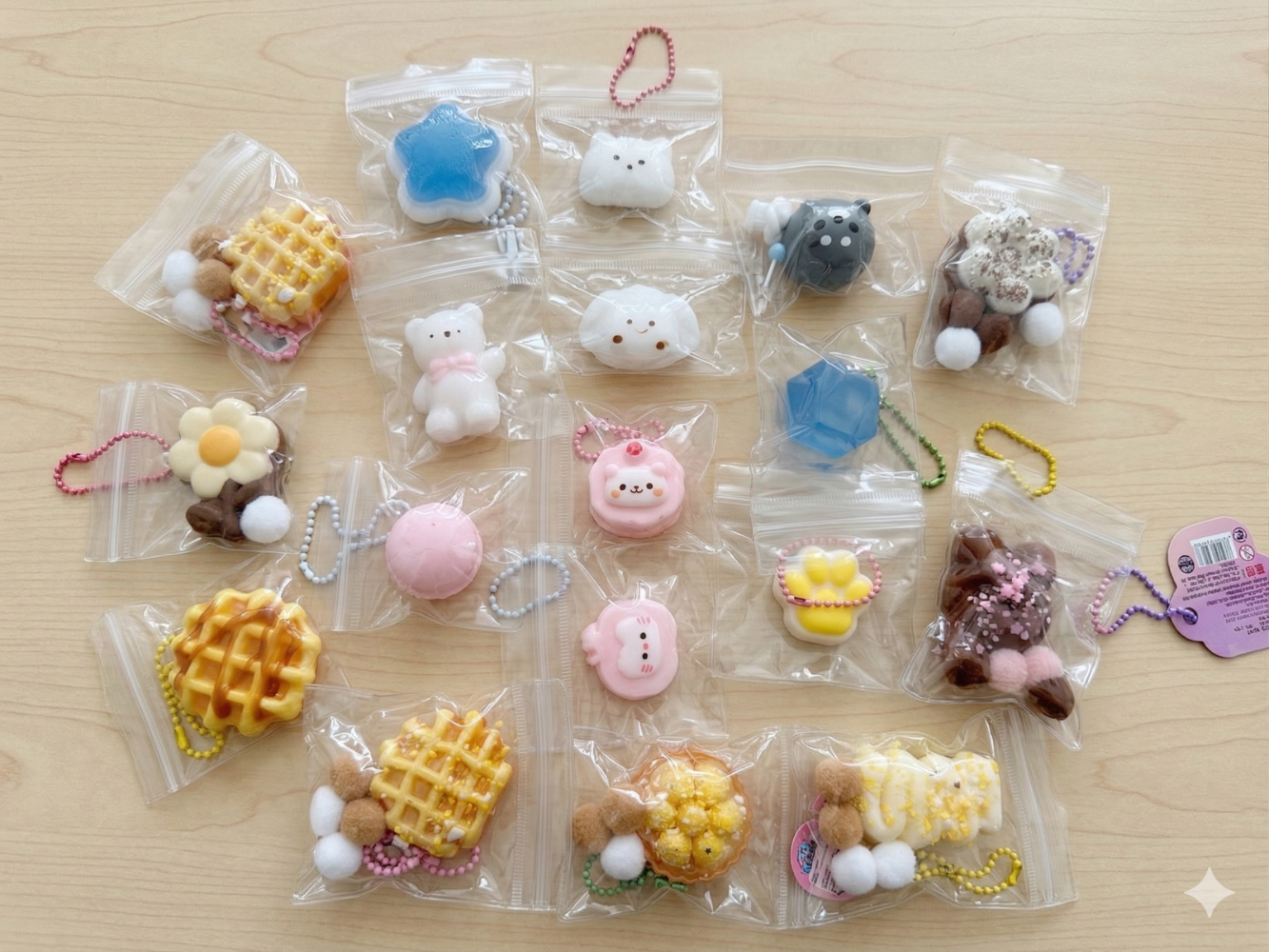 Various design of mini squishy in different themes such as food/desert, colors and with different characters
