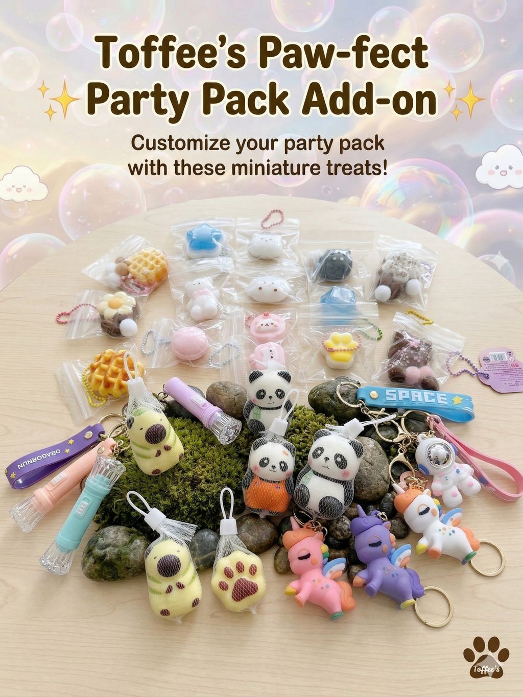 Assortment of party favor add-on such as squishy, and keychain with different themes such as panda, capybara, unicorn, spaceboy