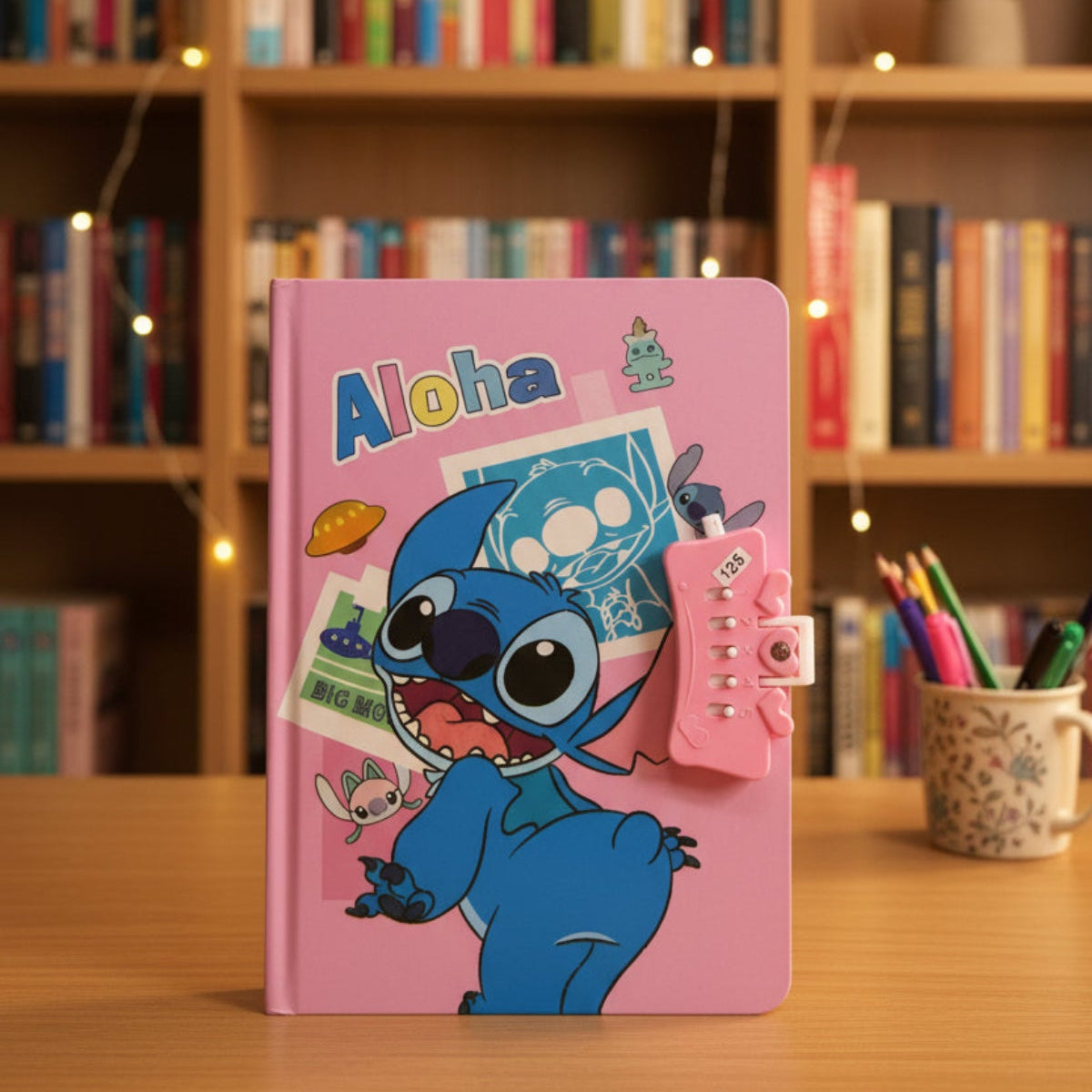 A pink hardcover diary with Stitch Design and has lockable mechanism.
