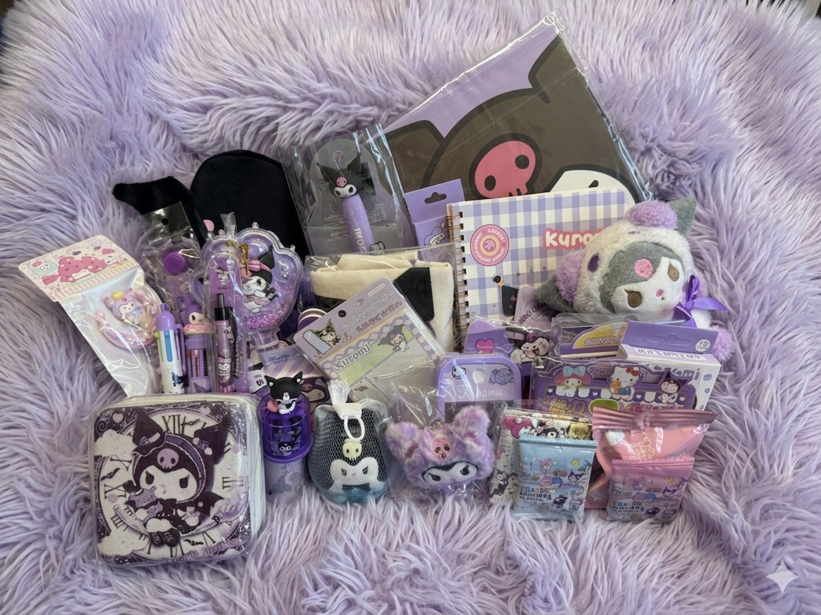 Collection of Kuromi-themed stationery items on a soft purple such as hairbrush, hair comb, box of pencil, wacky pen, multicolor pen, sticky note, mechanical pencil, card holder, A5 notebook book, gachapon notebook, mini notebook, washi tape, large & small plush charm, magnetic quiet activity book, squishy, blind bag eraser, jewellery box, beaded pen, bandage...etc
