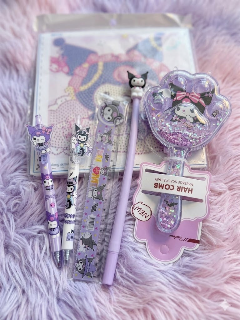 Collection of Kuromi-themed stationery items such as  on a soft purple such as diamond painting, 2 gel pen, a wacky pen, ruler and hairbrush.