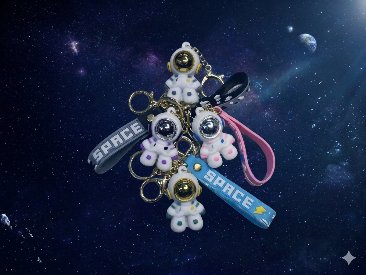 Various design of space themed keychain against outter space background.
