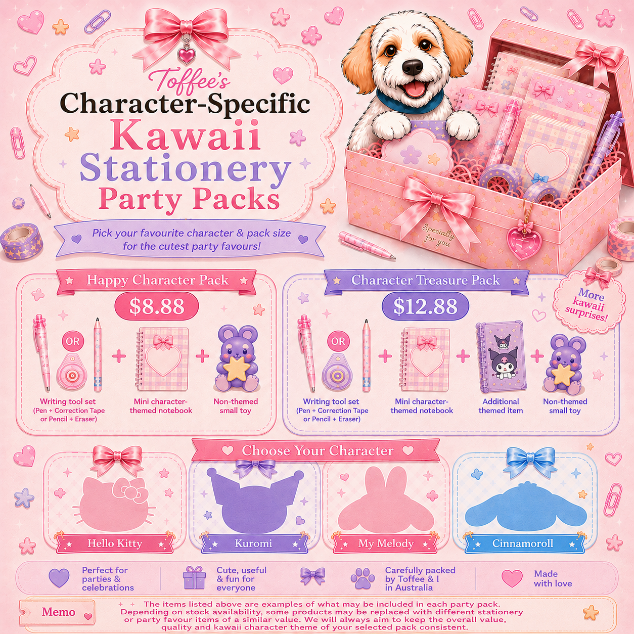 Toffee's Character-Specific Kawaii Stationery Party Packs Australia