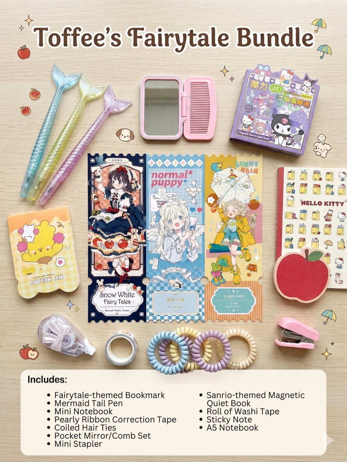 Three Fairytale Bundles from Toffee’s Golden Selection in Purple, Blue, and Yellow Green colour themes with cute stationery items