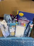 Example of Toffee's Fresh Scoop, including various stationeries such as highlighter, scrunchy, wristband, bag charm, kawaii pen, correction tape, washi tape, pocket mirror, mini squishy, activity book, bookmark, box cutter, paper clip, ruler, hair brush, headband, sticket note, memo pad, coaster, eraser, pencil sharpener, blind box, makeup pouch, hand towel, sticker sheet, notebook and mechanical pencil...etc