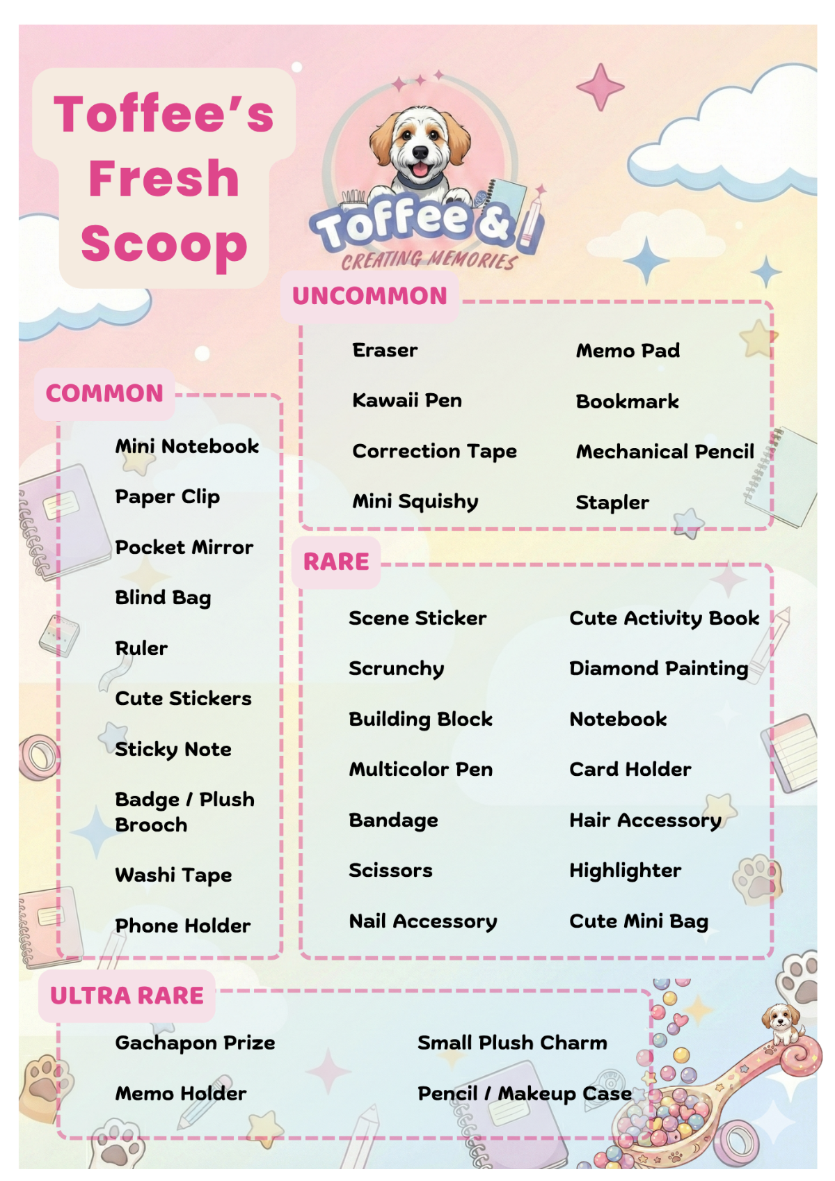 Product list of items included in Toffee's Fresh Scoop, a Mystery Stationery Giftbox with a dreamy background and Toffee & I logo: A5 notebook, activity book, B5 notebook, bandage, beaded pen, blind bag eraser, blind box, card holder, correction tape, cute mini bag, cute diary book, diamond painting...etc