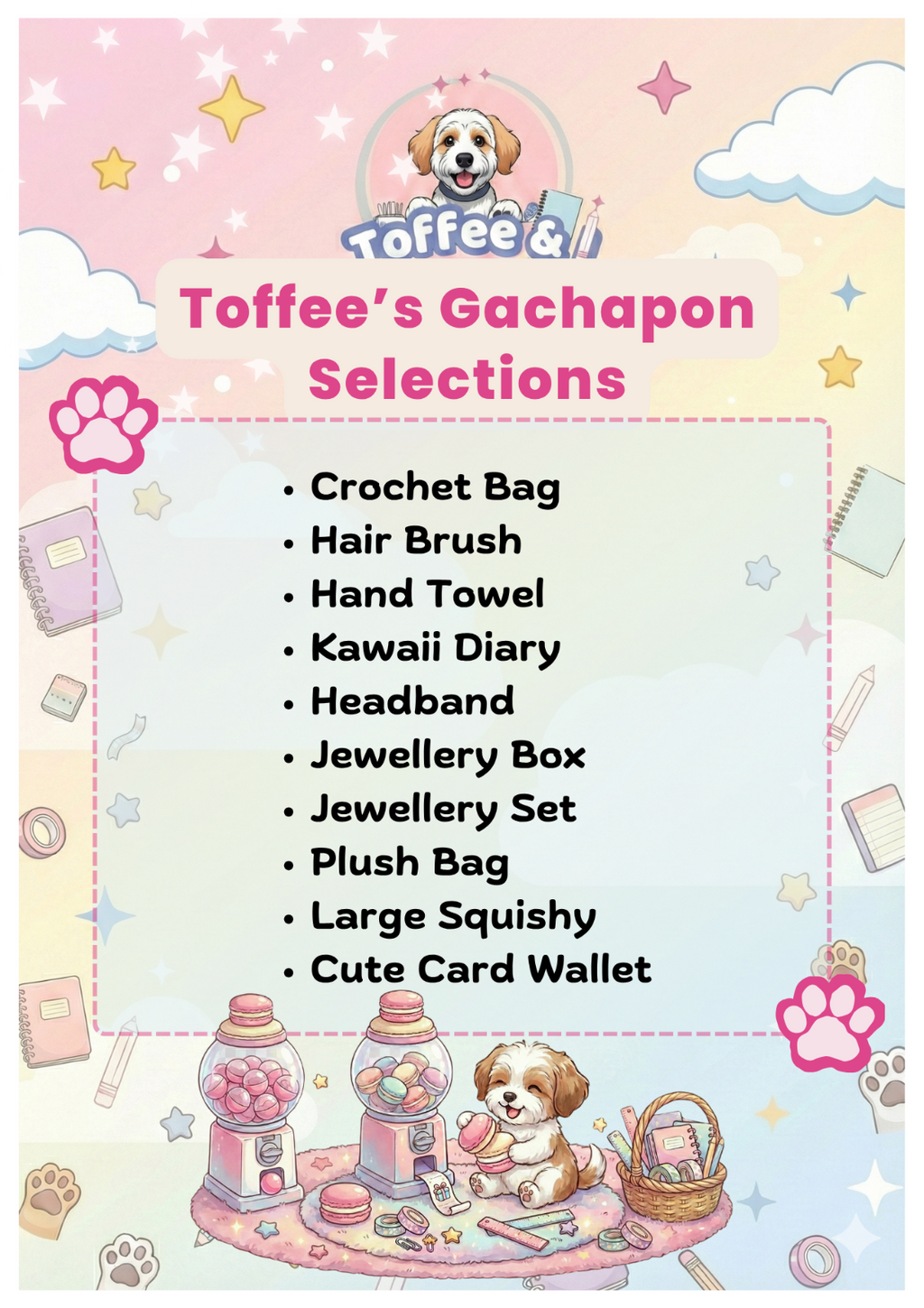 Product list for 'Toffee's Gachapon Selections' with a cartoon dog character and gachapon machine illustration.