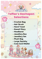 Product list for 'Toffee's Gachapon Selections' with a cartoon dog character and gachapon machine illustration.