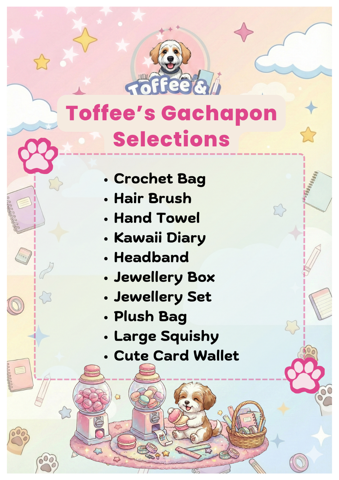 Product list for 'Toffee's Gachapon Selections' with a cartoon dog character and gachapon machine illustration.