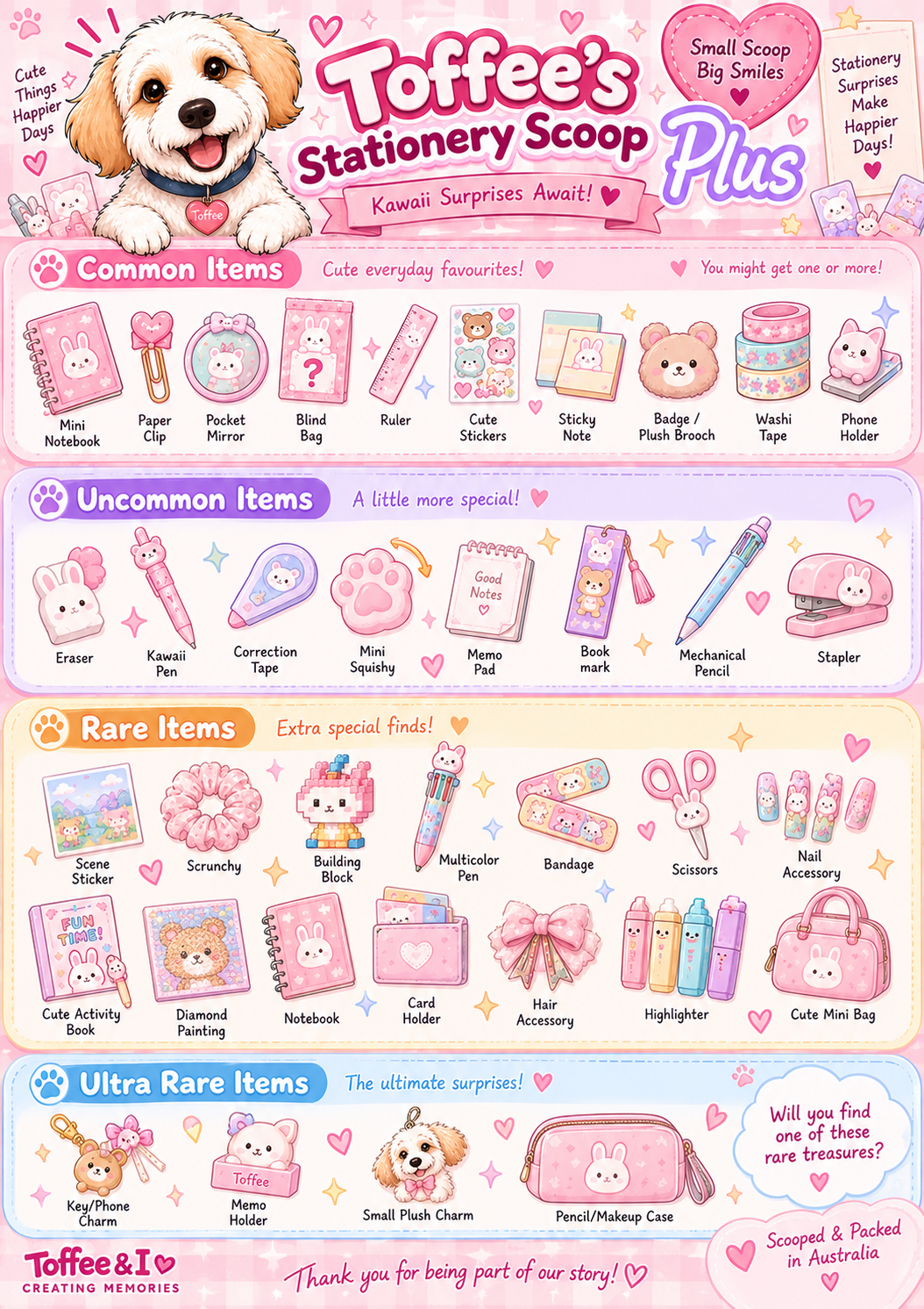 Product list of items included in Toffee’s Kawaii Stationery Scoop Plus, a Mystery Stationery Giftbox with a dreamy background and Toffee & I logo: A5 notebook, activity book, B5 notebook, bandage, beaded pen, blind bag eraser, blind box, card holder, correction tape, cute mini bag, cute diary book, diamond painting...etc