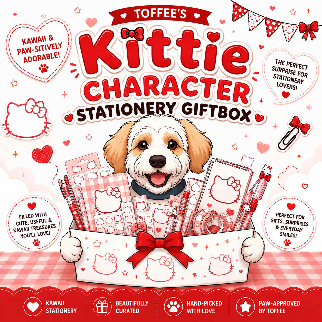 Red & White Kawaii Stationery Mystery Giftbox Australia | 5+ Cute Items | Toffee’s HKitty Stationery Giftbox