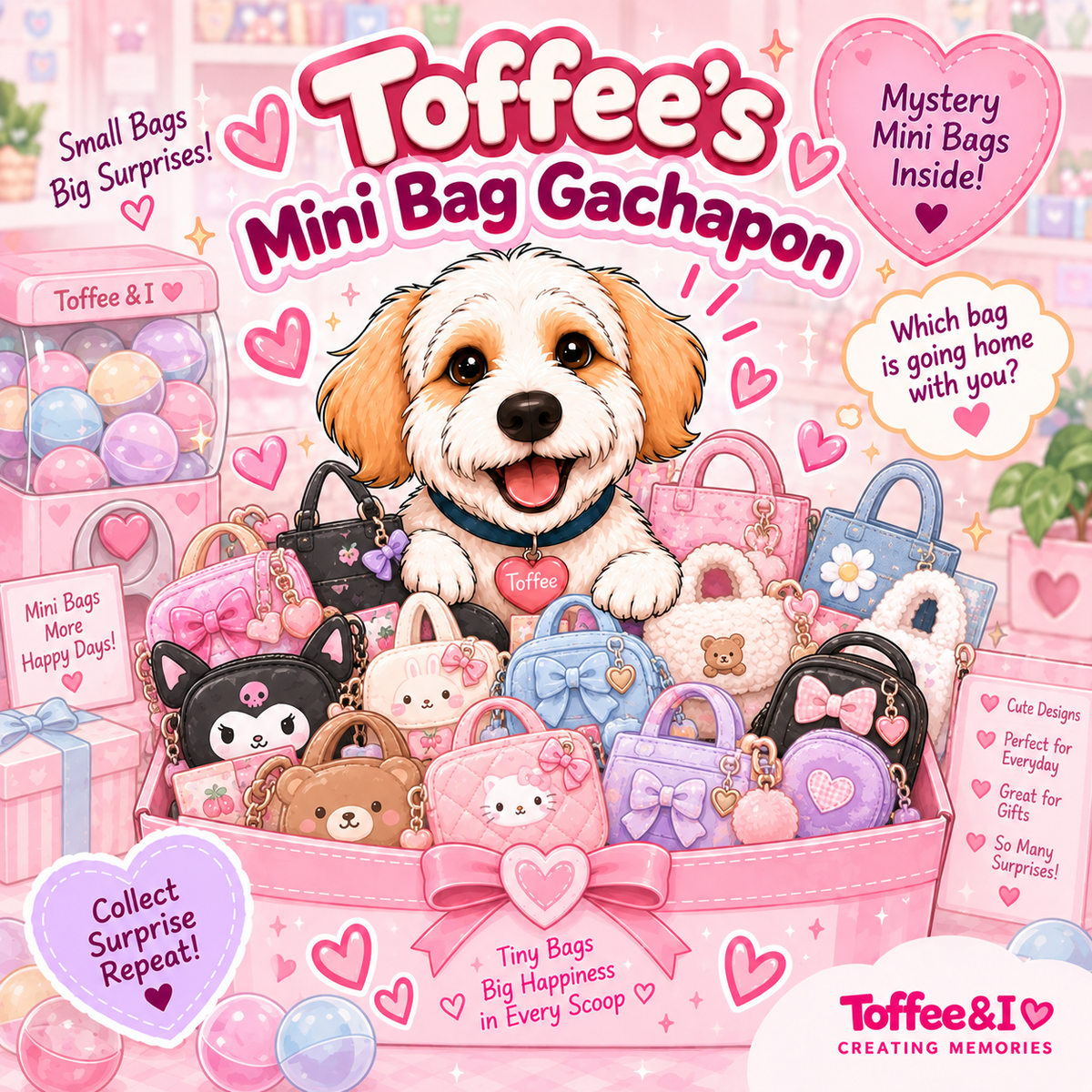 Showcasing gachapon with assorted Mini Bags hiding in each mystery bag in different colors and designs.