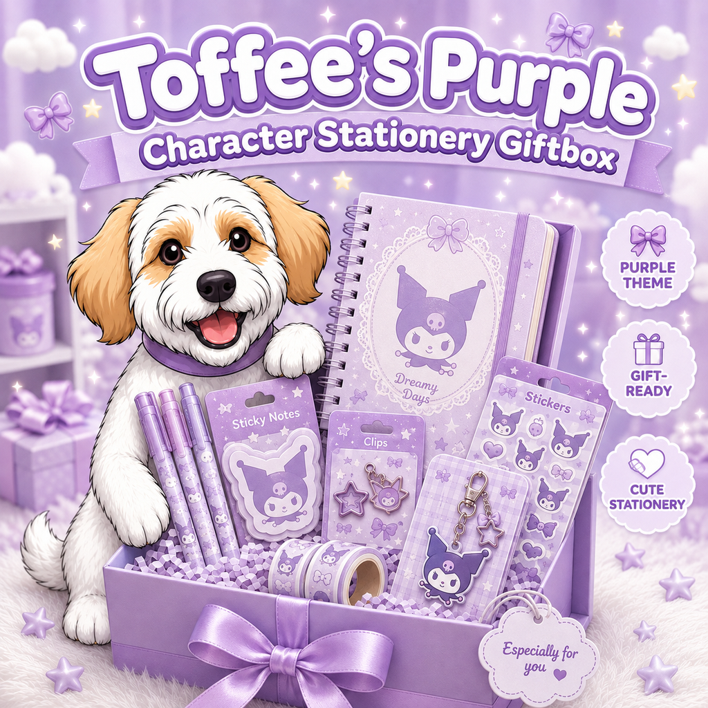 Purple Kawaii Stationery Mystery Giftbox Australia | 5+ Cute Items | Toffee’s Kuro-mi Purple Stationery Giftbox