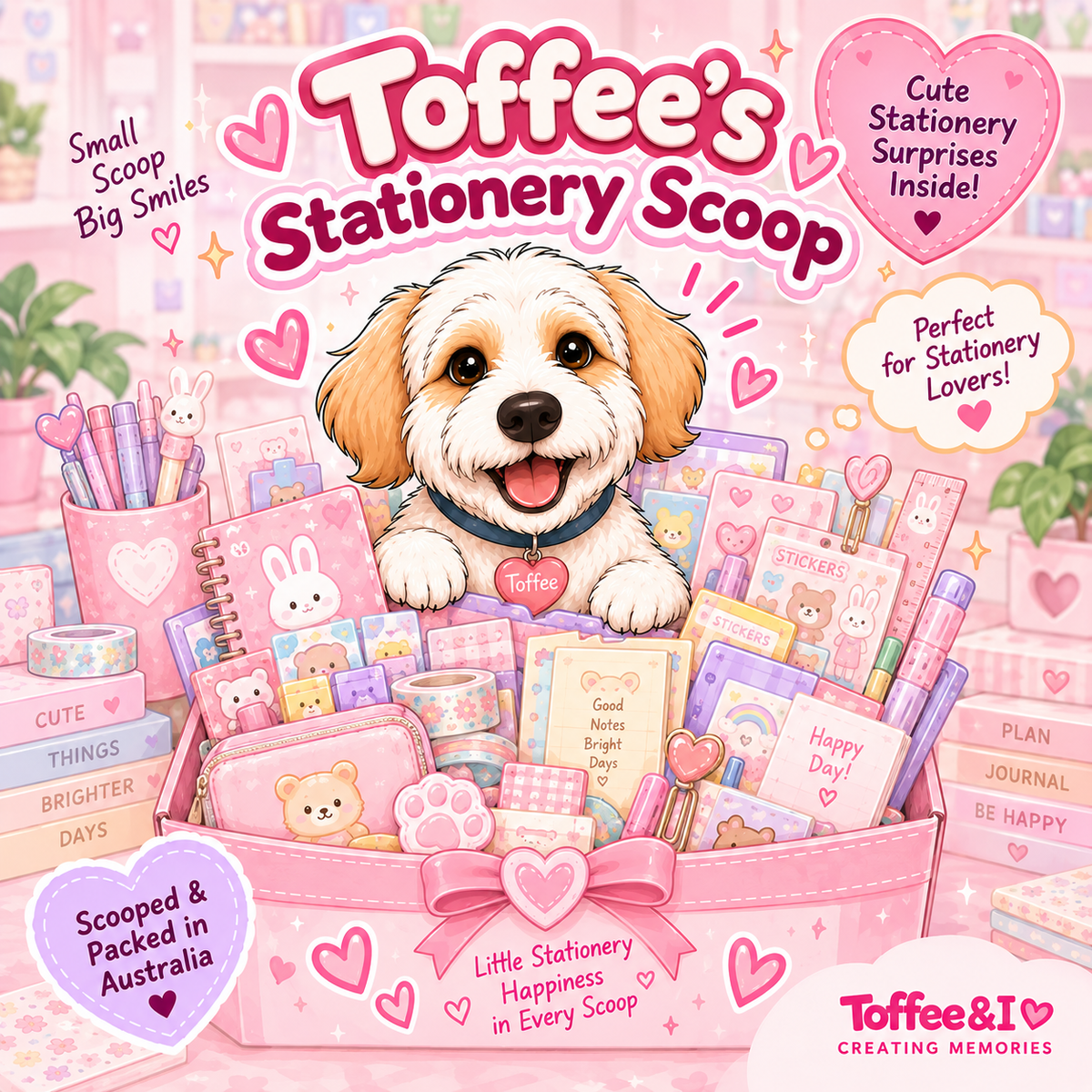 Toffee's Stationery Scoop items list featuring kawaii pens, notebooks, stickers, desk supplies and cute accessories