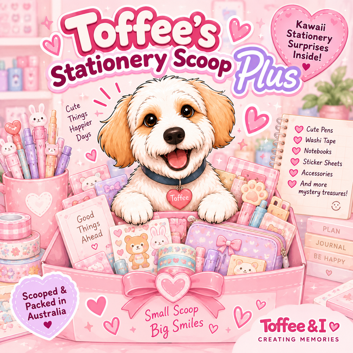 Toffee's Stationery Scoop Plus with kawaii pens, notebooks, stickers and stationery surprises