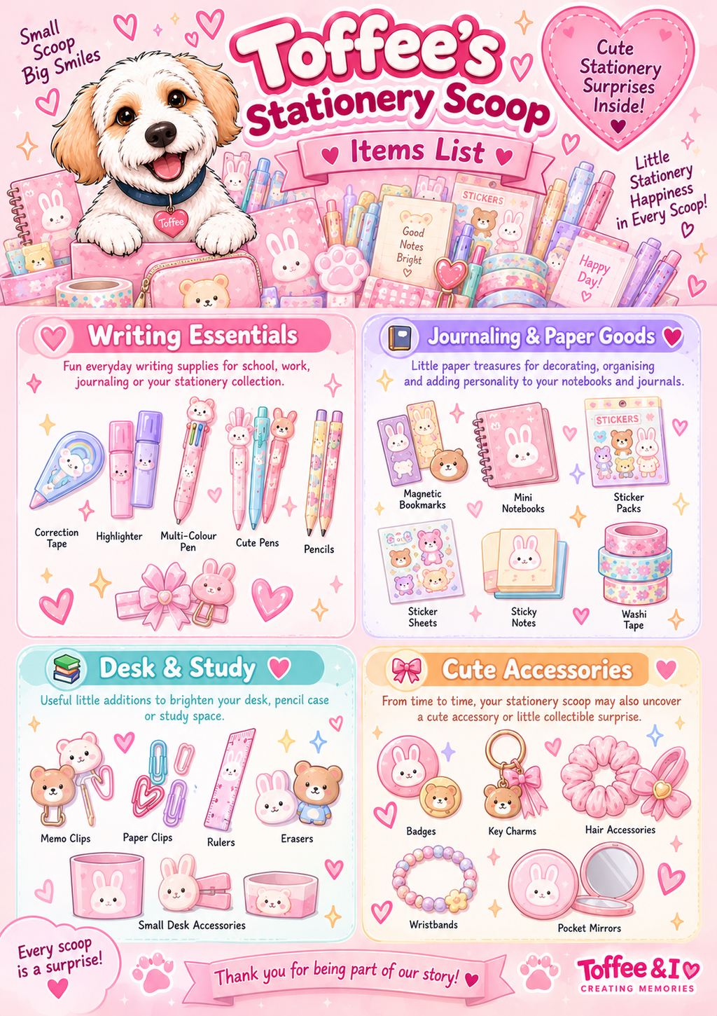 Toffee's Stationery Scoop items list featuring kawaii pens, notebooks, stickers, desk supplies and cute accessories