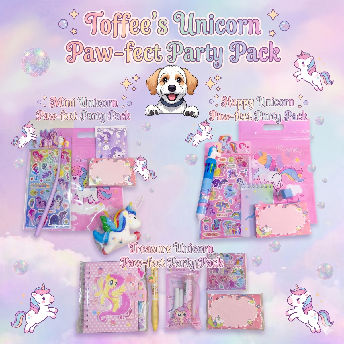Unicorn themed party favor pack made up of stationery against magical background
