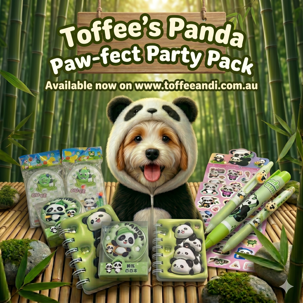 Panda theme stationery bundle shown in spotlight with bamboo forest background; items include mini notebook, eraser, mechanical pencil and a sticker sheet.