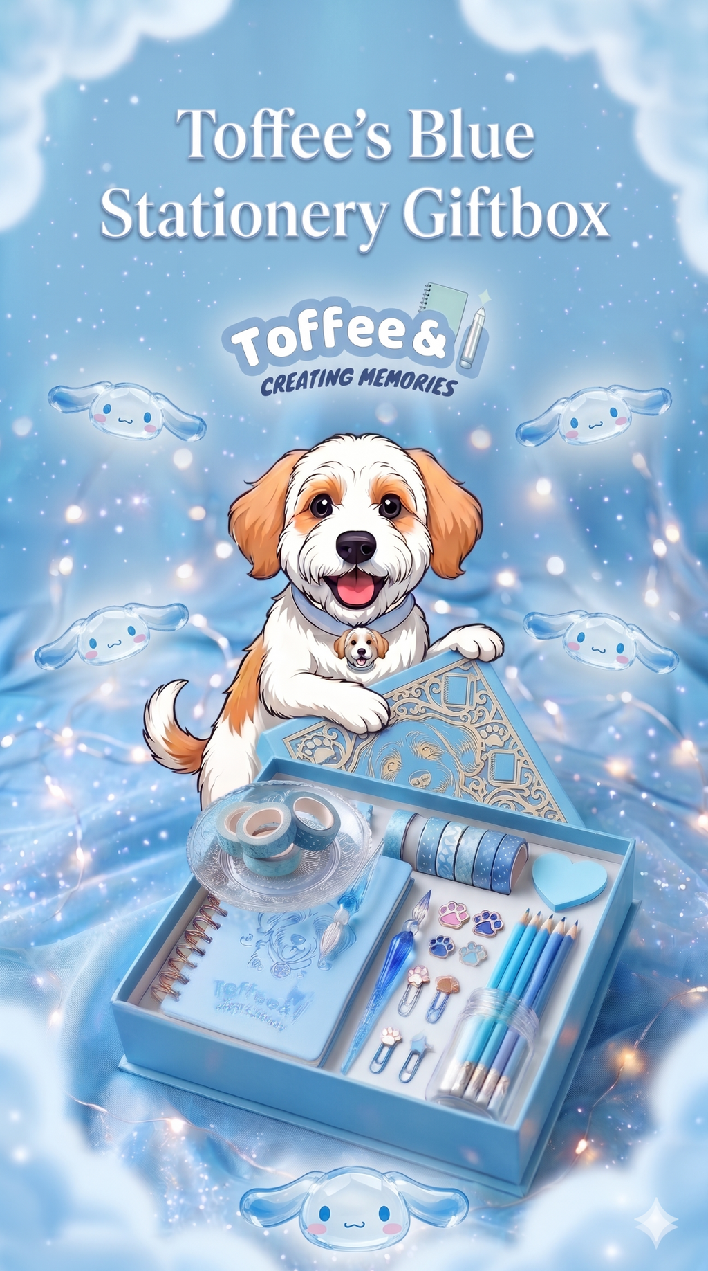 Toffee's Blue Stationery Giftbox with a Toffee, the mascot dog, on a blue cinnamoroll background with a giftbox full of purple stationeries