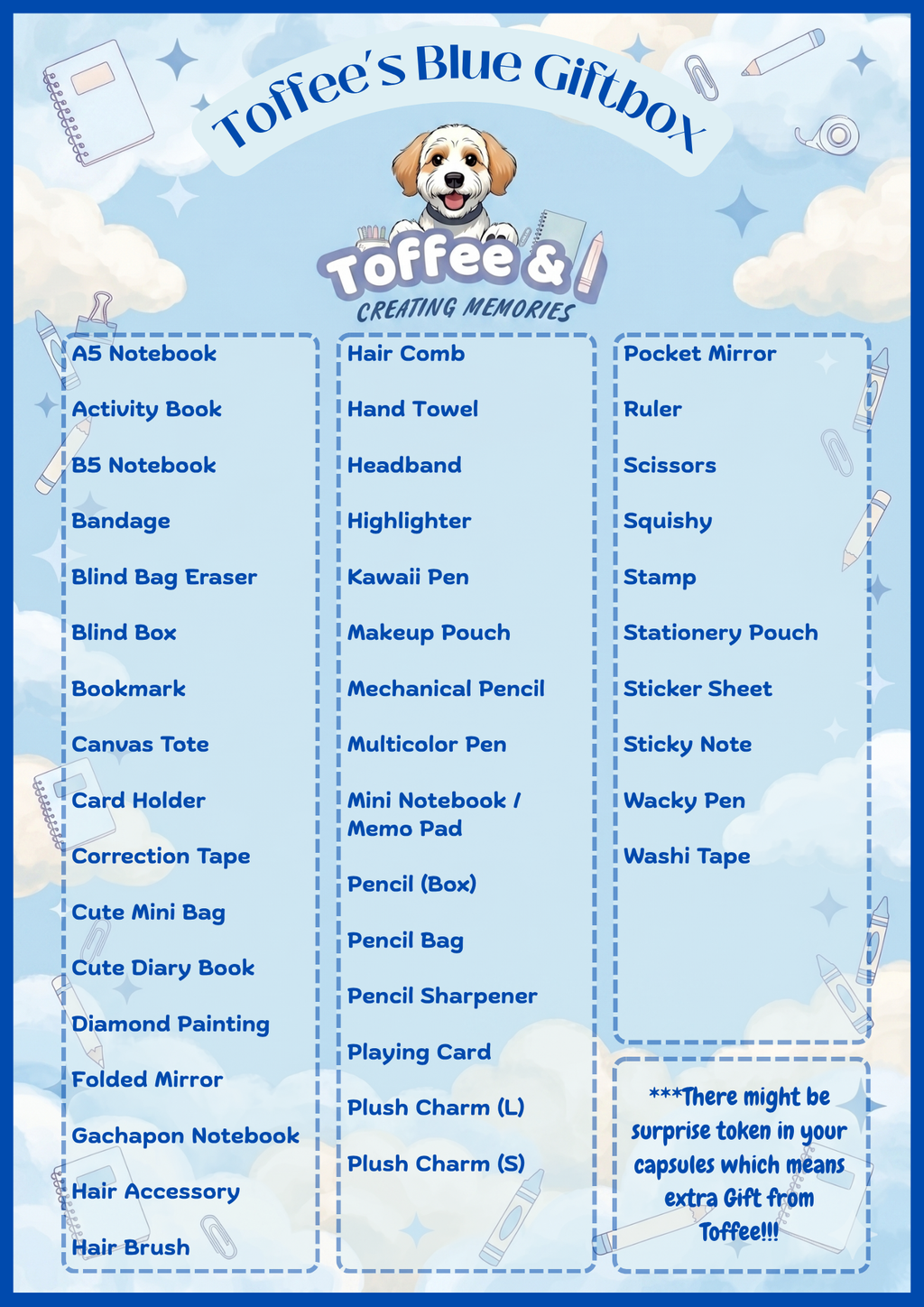 Product list of items included in Toffee's Blue Giftbox with a blue background and Toffee the mascot dog logo: A5 notebook, activity book, B5 notebook, bandage, beaded pen, blind bag eraser, blind box, card holder, correction tape, cute mini bag, cute diary book, diamond painting...etc