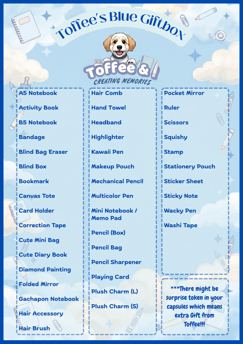 Product list of items included in Toffee's Blue Giftbox with a blue background and Toffee the mascot dog logo: A5 notebook, activity book, B5 notebook, bandage, beaded pen, blind bag eraser, blind box, card holder, correction tape, cute mini bag, cute diary book, diamond painting...etc
