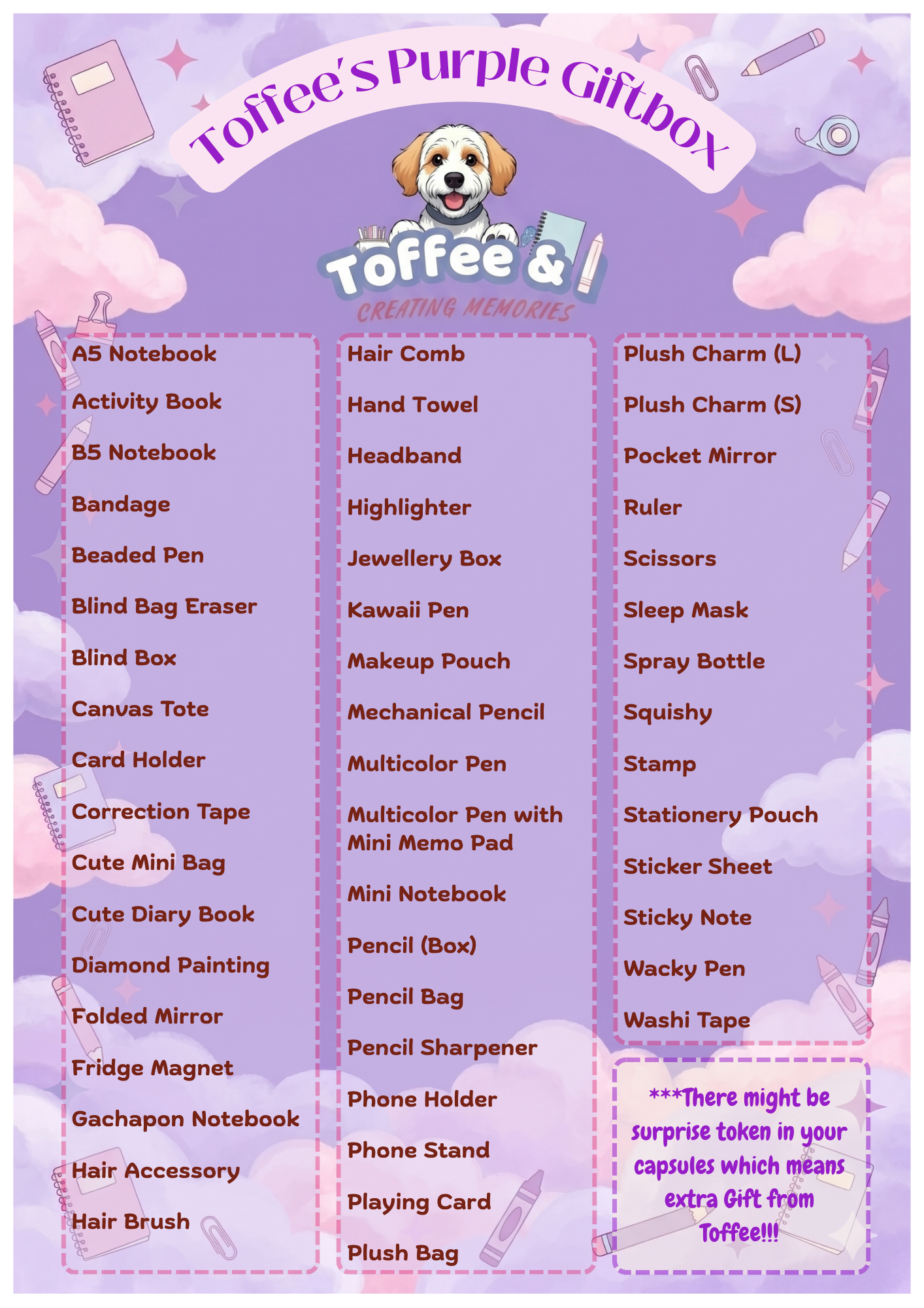 Product list of items included in Toffee's Purple Giftbox with a purple background and Toffee the mascot dog logo: A5 notebook, activity book, B5 notebook, bandage, beaded pen, blind bag eraser, blind box, card holder, correction tape, cute mini bag, cute diary book, diamond painting...etc