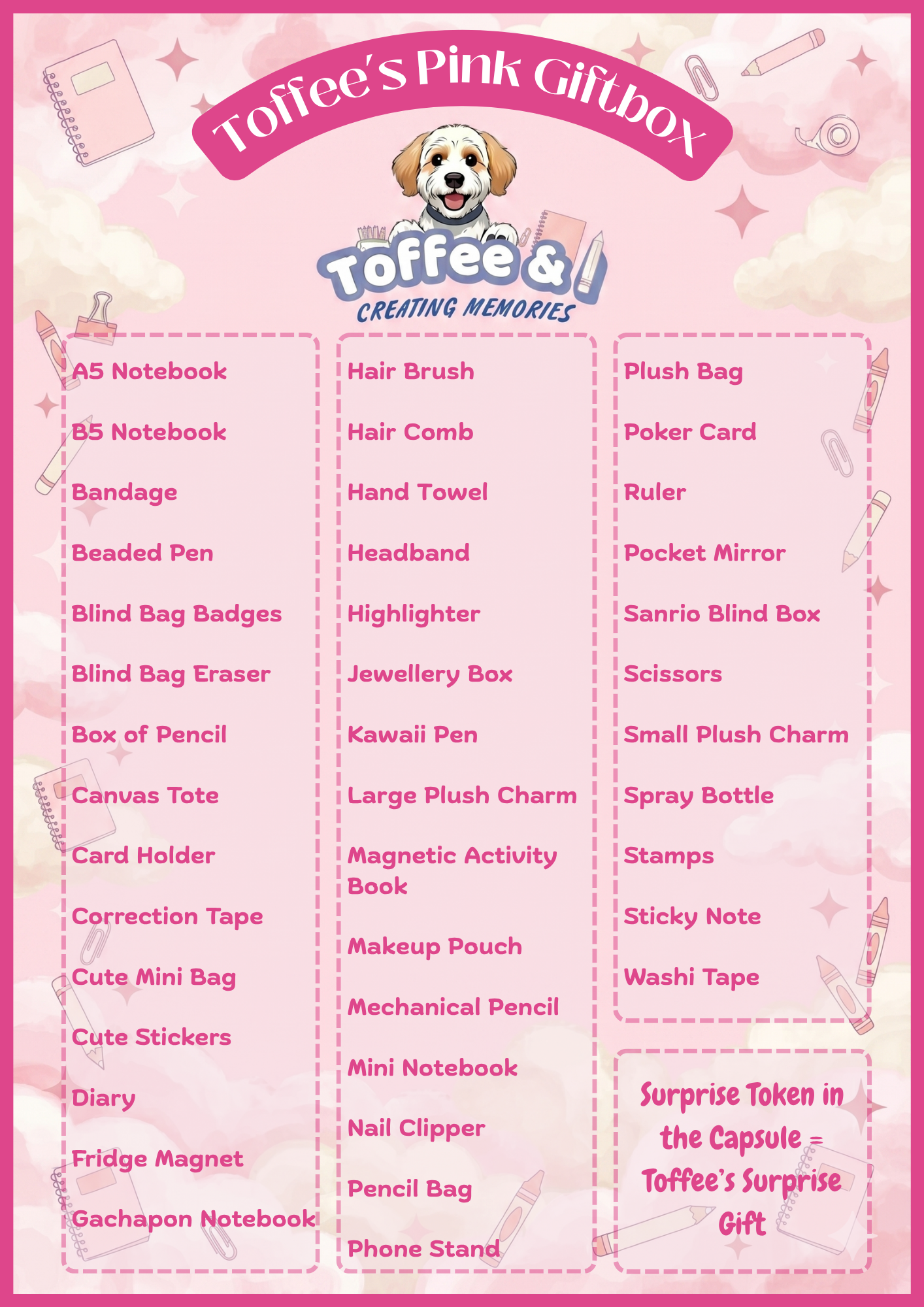 Product list of items included in Toffee's Pink Stationery Giftbox with a blue background and Toffee the mascot dog logo: A5 notebook, activity book, B5 notebook, bandage, beaded pen, blind bag eraser, blind box, card holder, correction tape, cute mini bag, cute diary book, diamond painting...etc